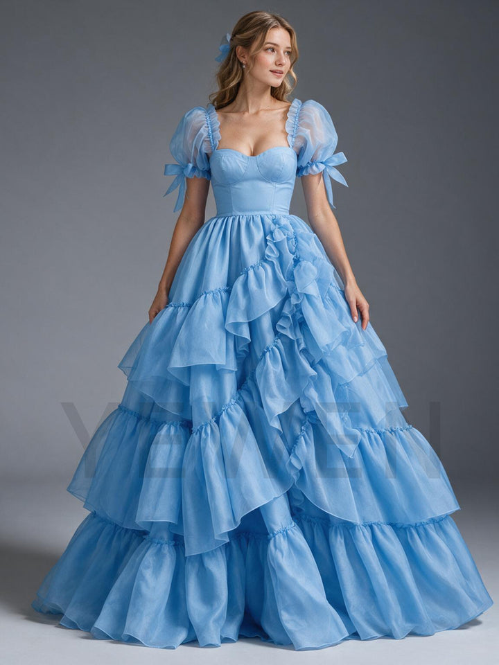 Blue Bow Puff Sleeve Corset Tiered Ruffle Princess Dress YW2609294