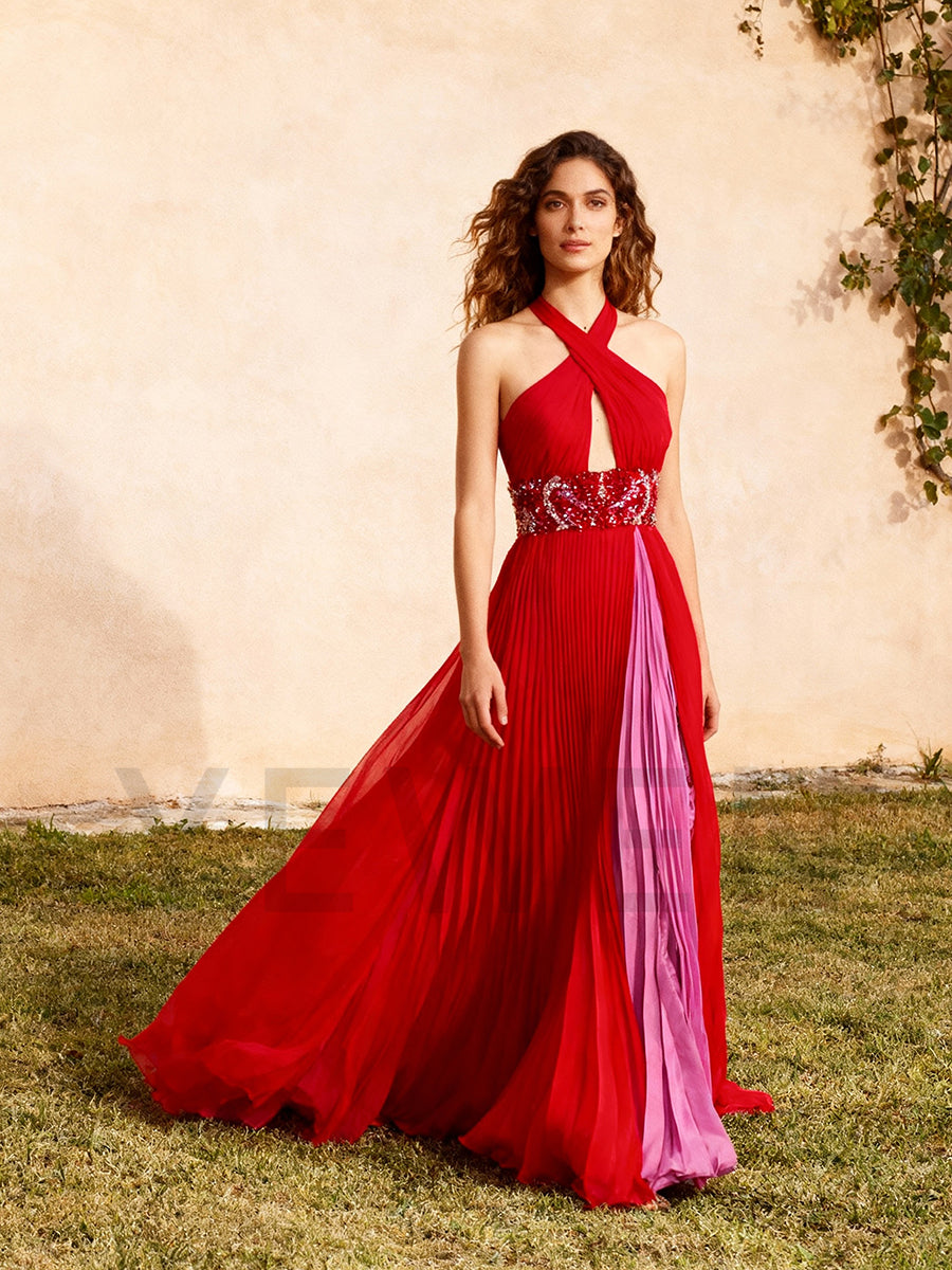 A Line Backless Halter-Neck Red Pleated Long Prom Dress YE3020 A Line Backless Halter-Neck Red Pleated Long Prom Dress YE3020
