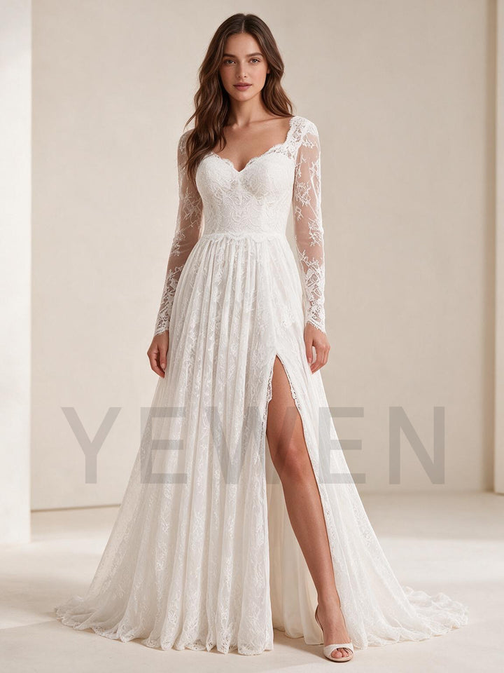Ivory A-line Sweetheart Sheer Long Sleeve Lace Boho Wedding Dress
