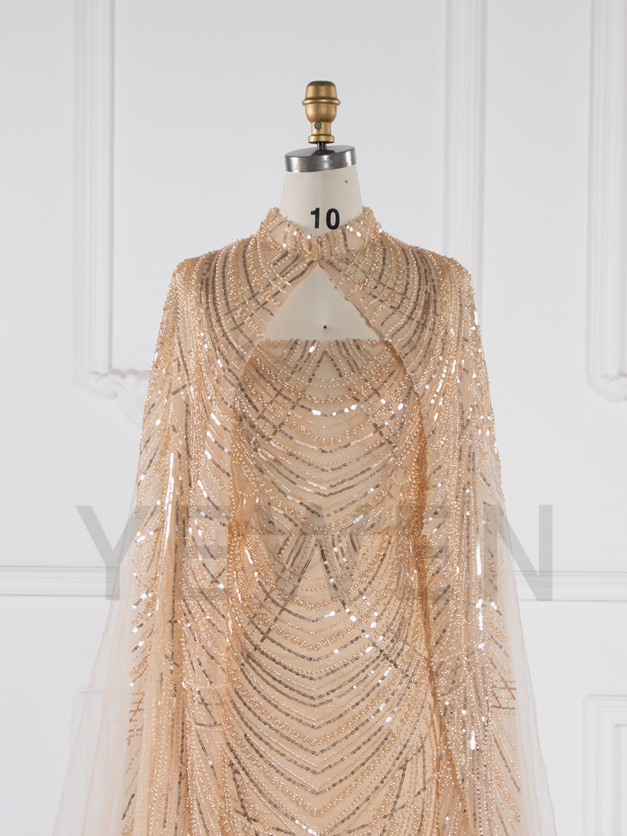 Luxury Hand-beaded Formal Evening Dress with Cape Special Events Dress 22W / Picture Color
