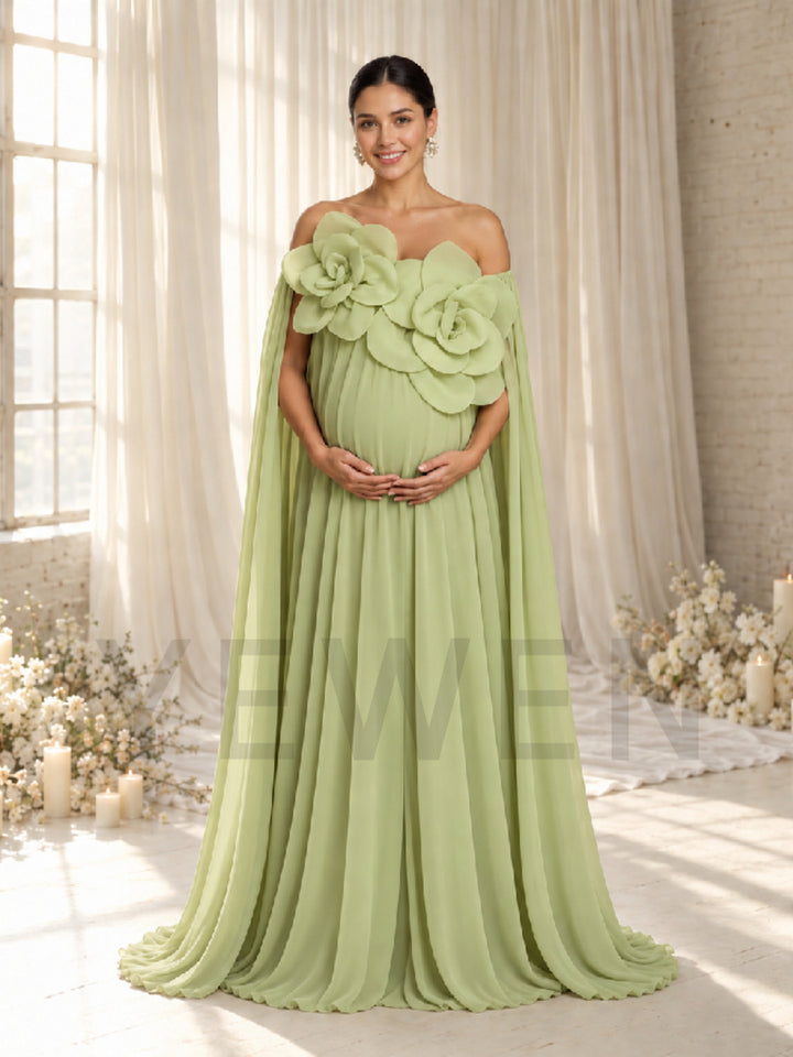 Off-Shoulder 3D Floral Maternity Gown with Long Cape HA260914