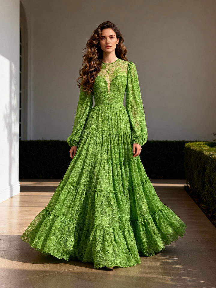 Modern Evening Dress A Line Puffy Sleeves Lace Prom Gown