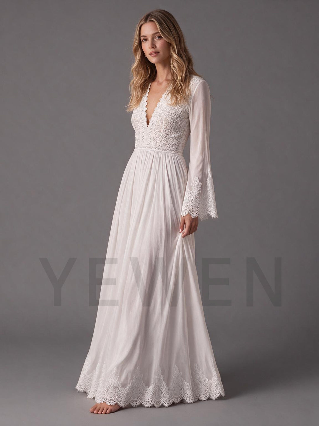 Ivory Deep V-Neck Lace Neckline Sheer Bell Sleeve Boho Wedding Dress