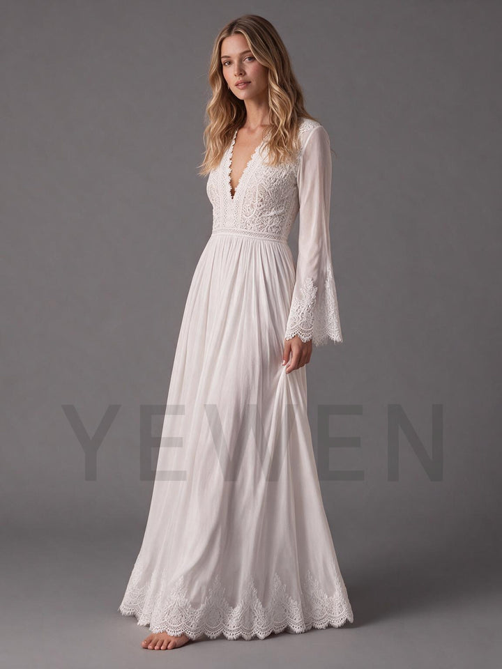 Ivory Deep V-Neck Lace Neckline Sheer Bell Sleeve Boho Wedding Dress