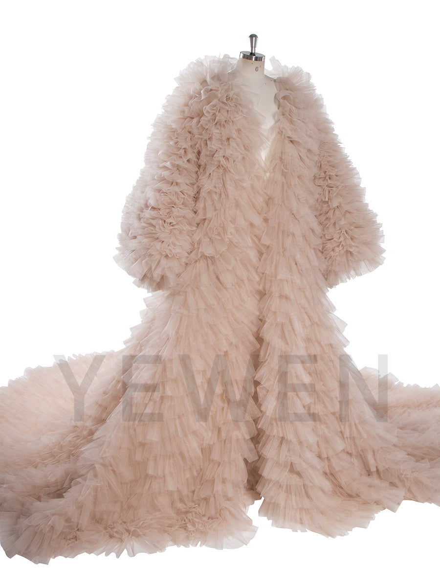 Luxury Volume Tulle Long Jacket Puffy Sleeves Women Cloak Outwear YW251038