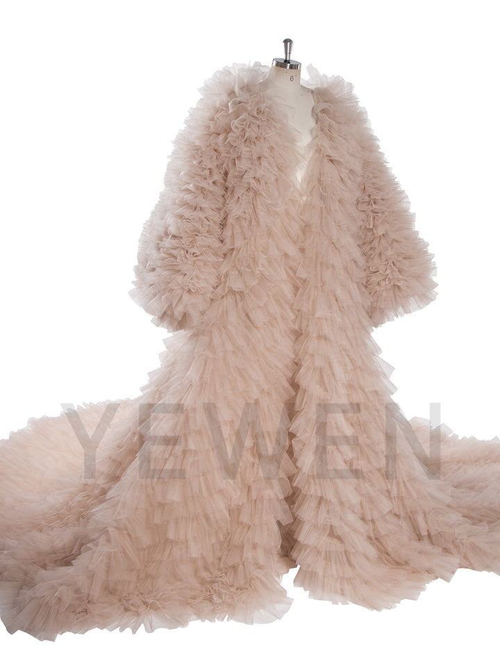 Luxury Volume Tulle Long Jacket Puffy Sleeves Women Cloak Outwear YW251038