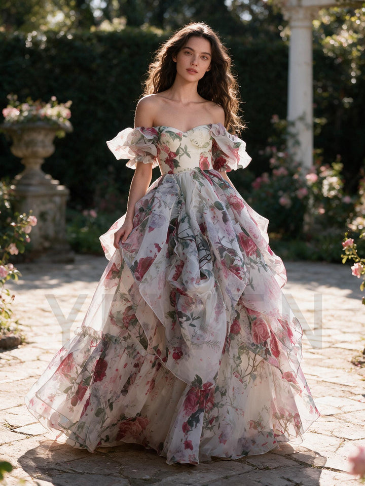 Vintage Rose Floral Off-Shoulder Puff Sleeve Princess Dress YW2609273