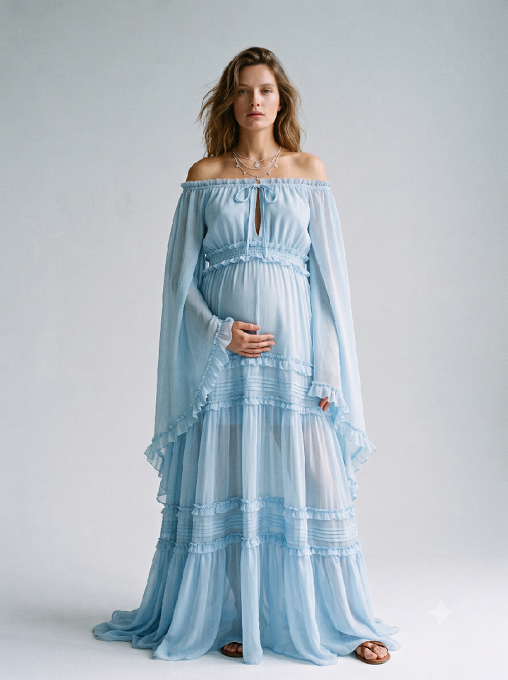 Off-Shoulder Bell Sleeve Chiffon Maternity Baby Shower Dress ZO260916