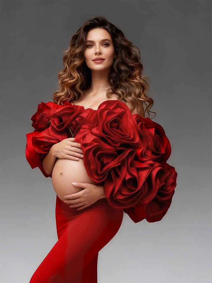 Red Maternity Flowers Cape with Skirt  2 Piece Set Pregnant Gowns Baby Shower Dress YW251040