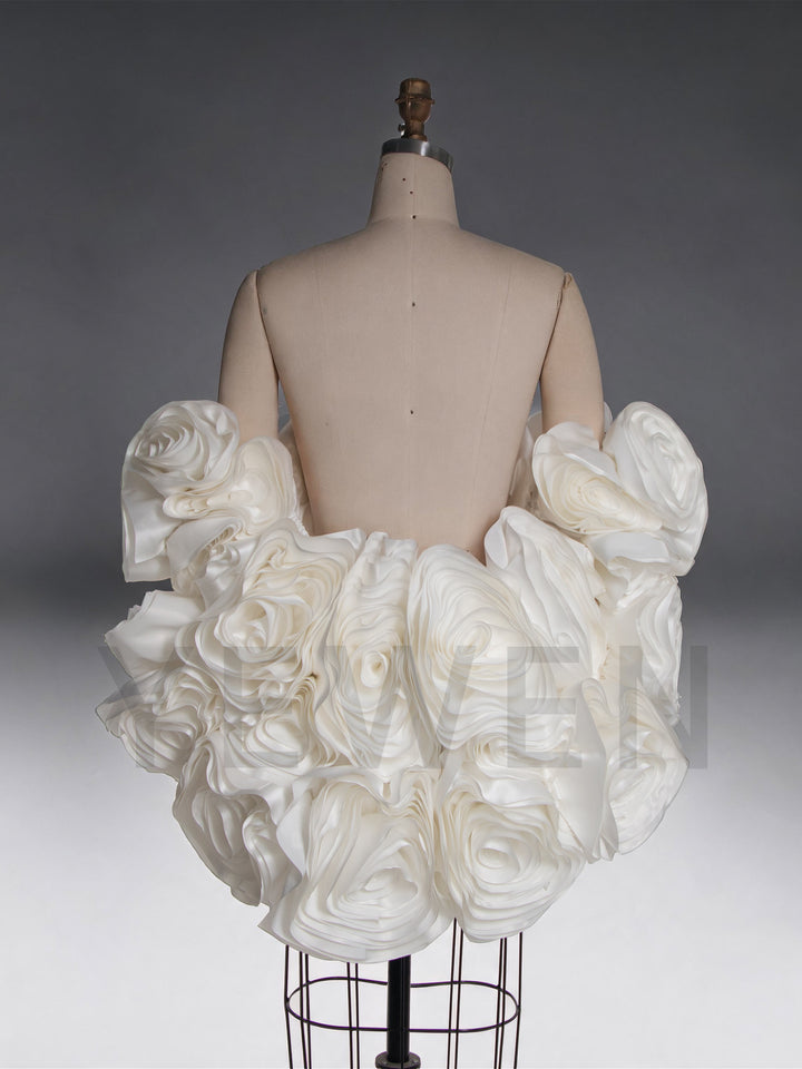 Ivory Satin 3D Rose Off-Shoulder Wedding Cape with Long Train YW260328