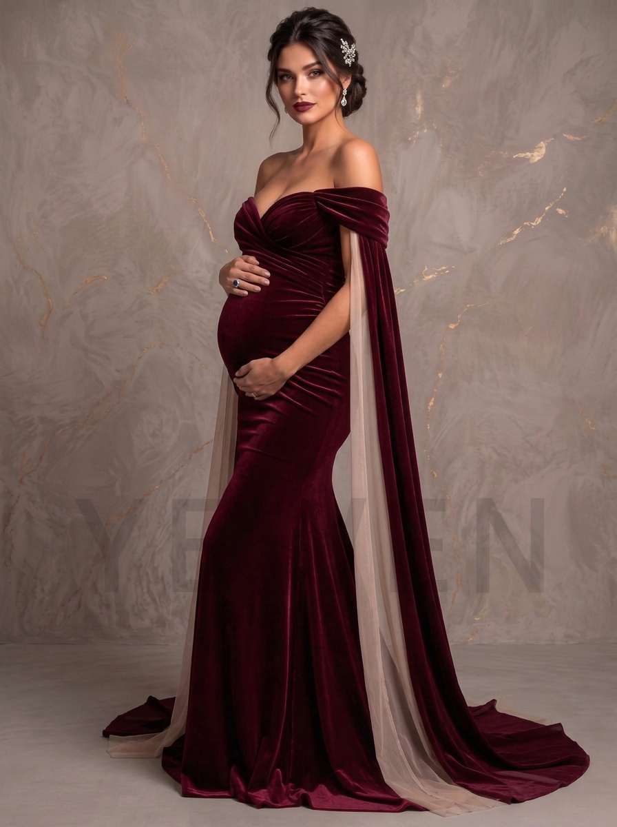 Off-Shoulder Draped Cape Mermaid Maternity Photoshoot Gown L-26948