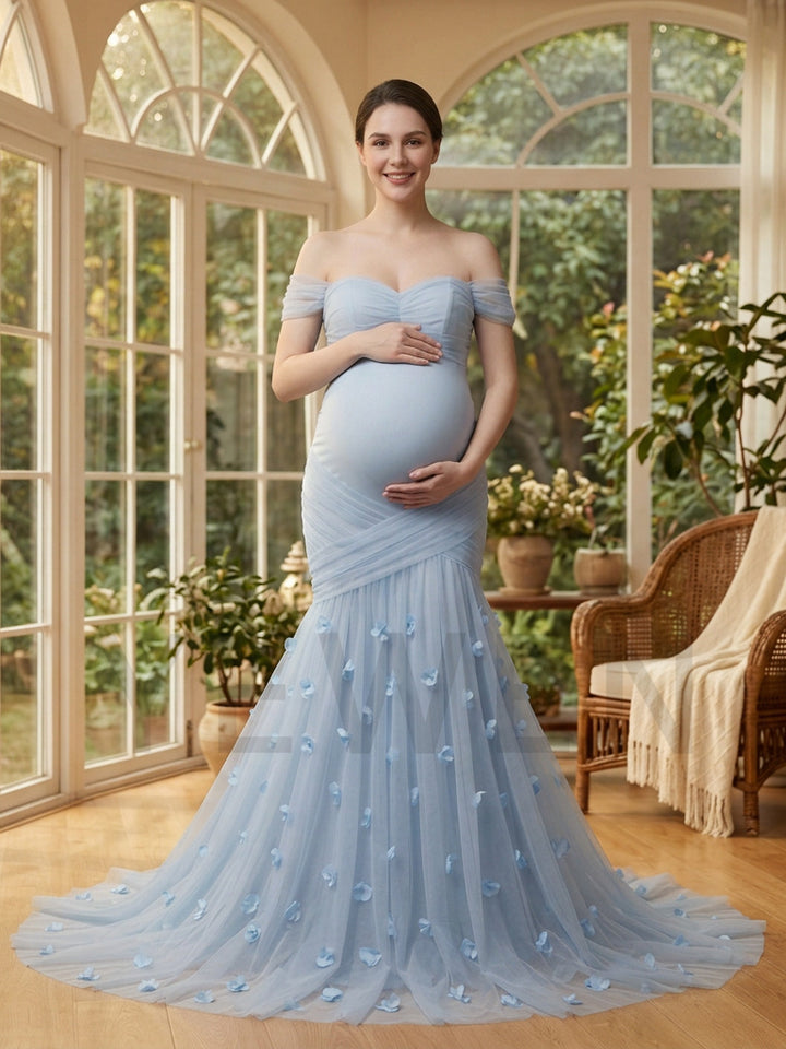 Blue Off-Shoulder 3D Floral Maternity Photoshoot Gown YD260914