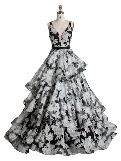 Princess V-Neck, Floor-Length, Black Printed Layered, Prom Dresses