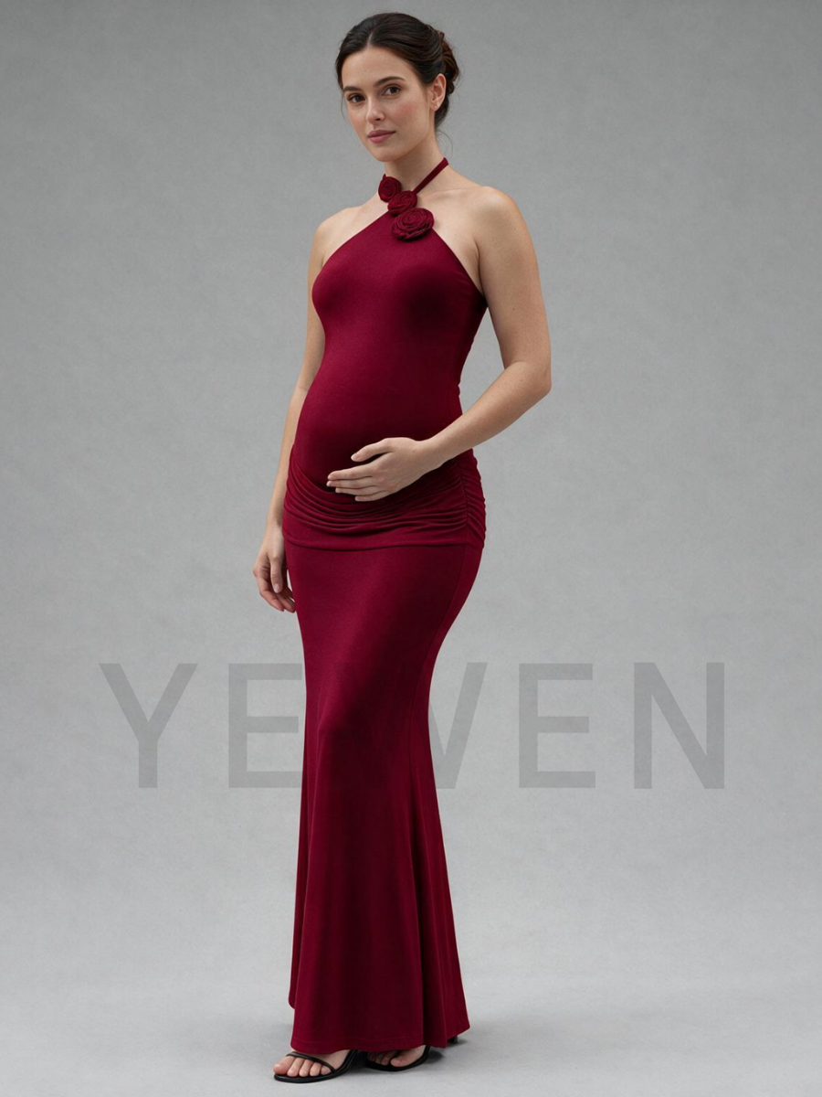 Halter 3D Handmade Rose Maternity Baby Shower Dress