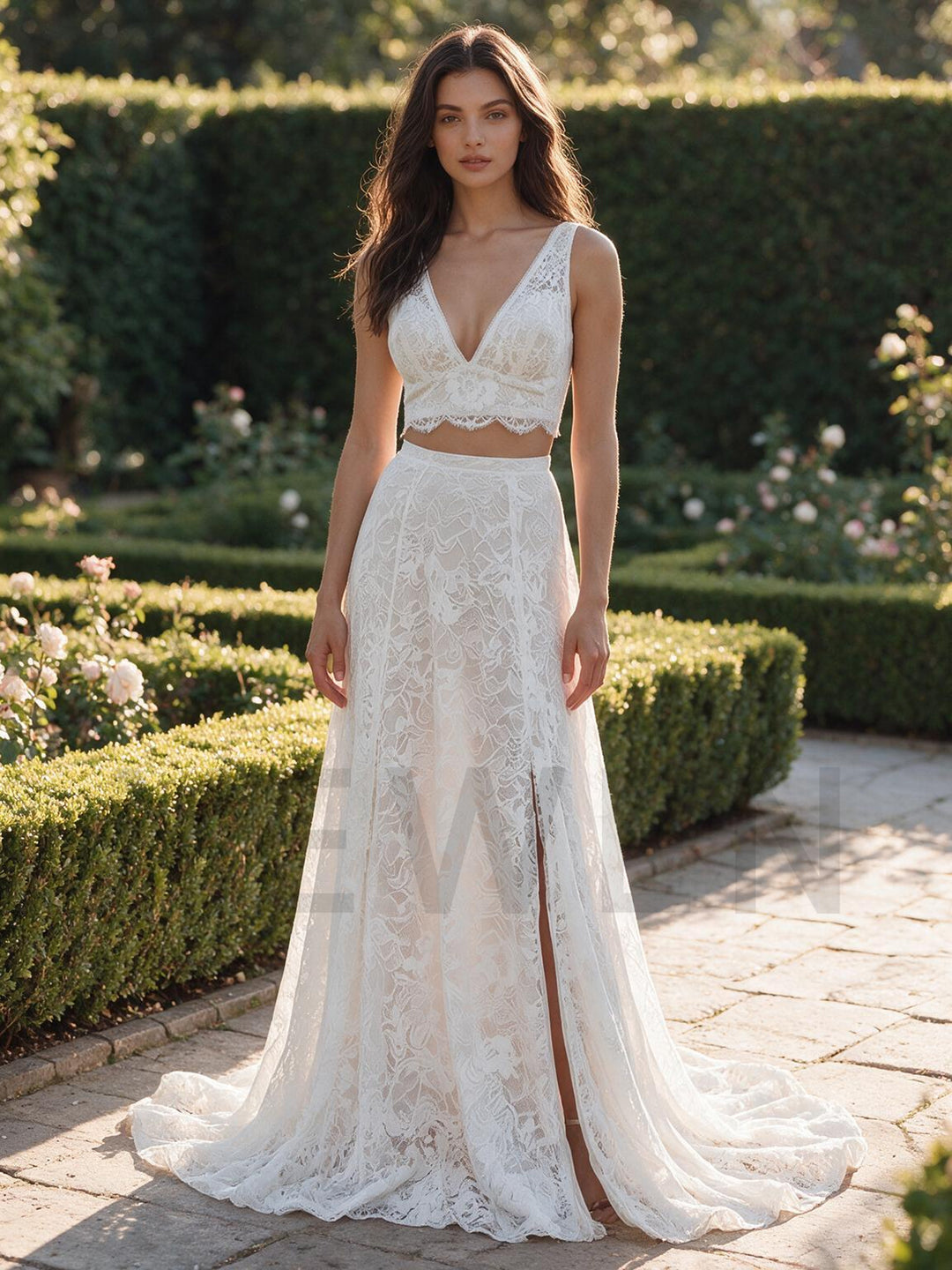 Ivory Two-Piece Floral V-Neck Lace Boho Wedding Dress