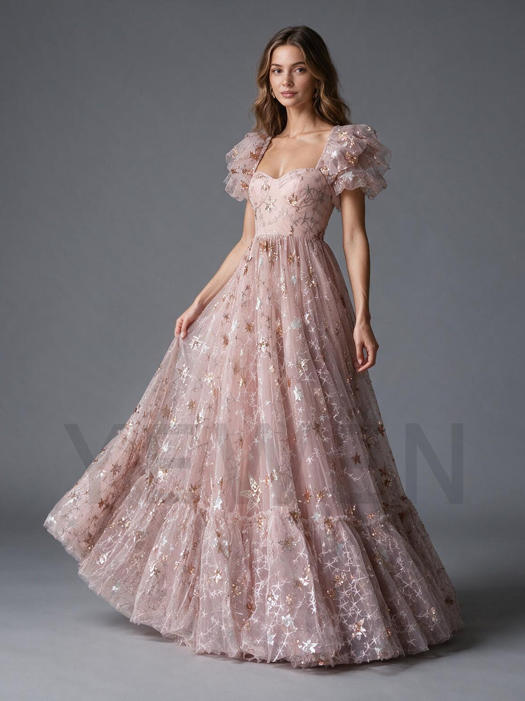 Pink Star Sequin Puff Sleeve Tiered Ruffle Princess Dress YW2610137
