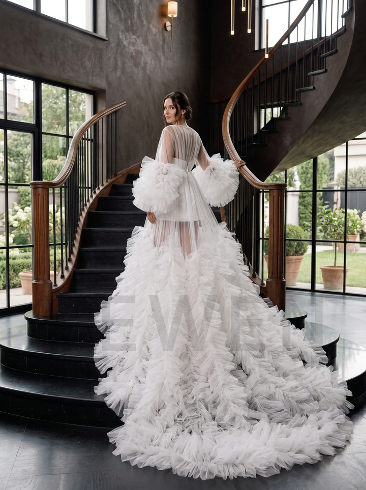 Ruffled Tulle Bridal Cape and Satin Slip Dress Set - Modern 2-Piece Wedding Gown YD260820