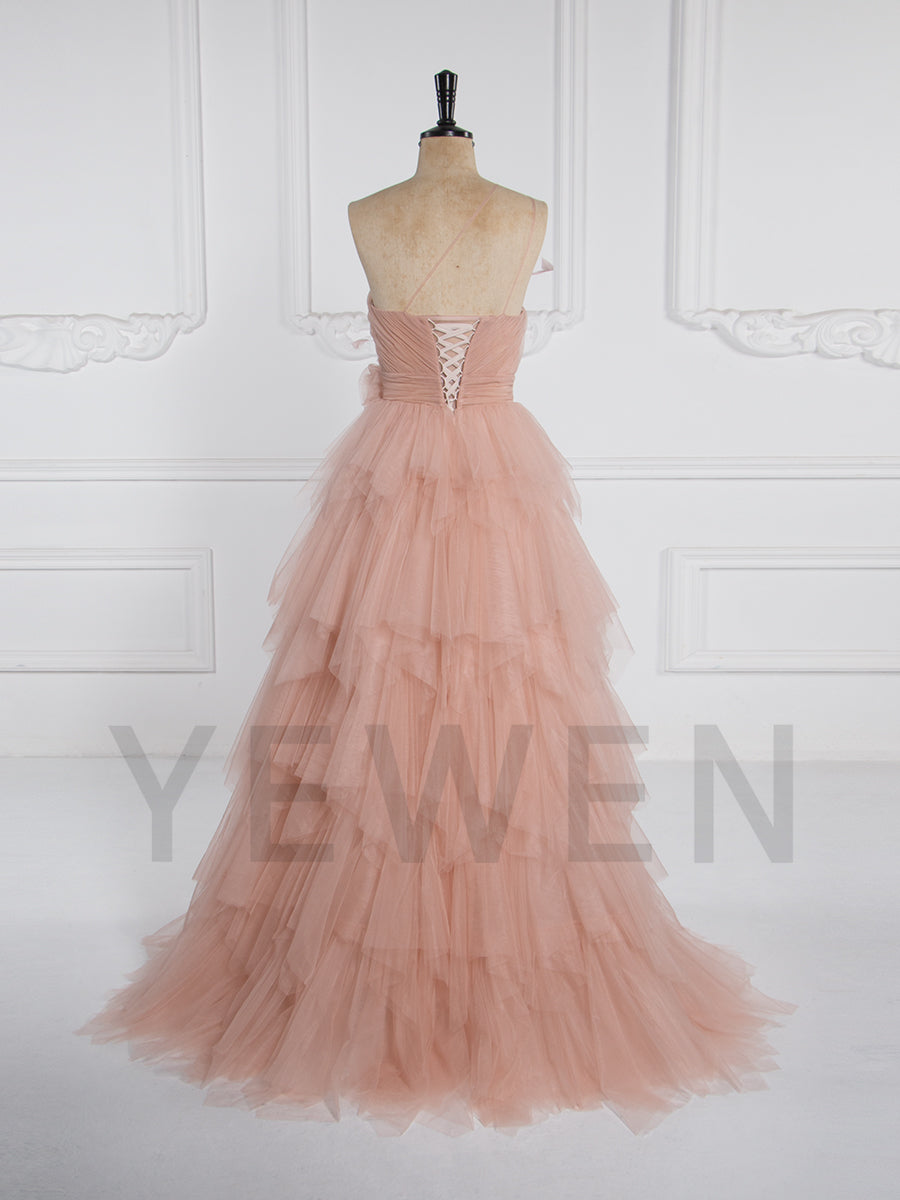 Elegant Prom Dresses for Party One-shoulder with Handmade Flowers Layer Tulle Dress for Event YW250068