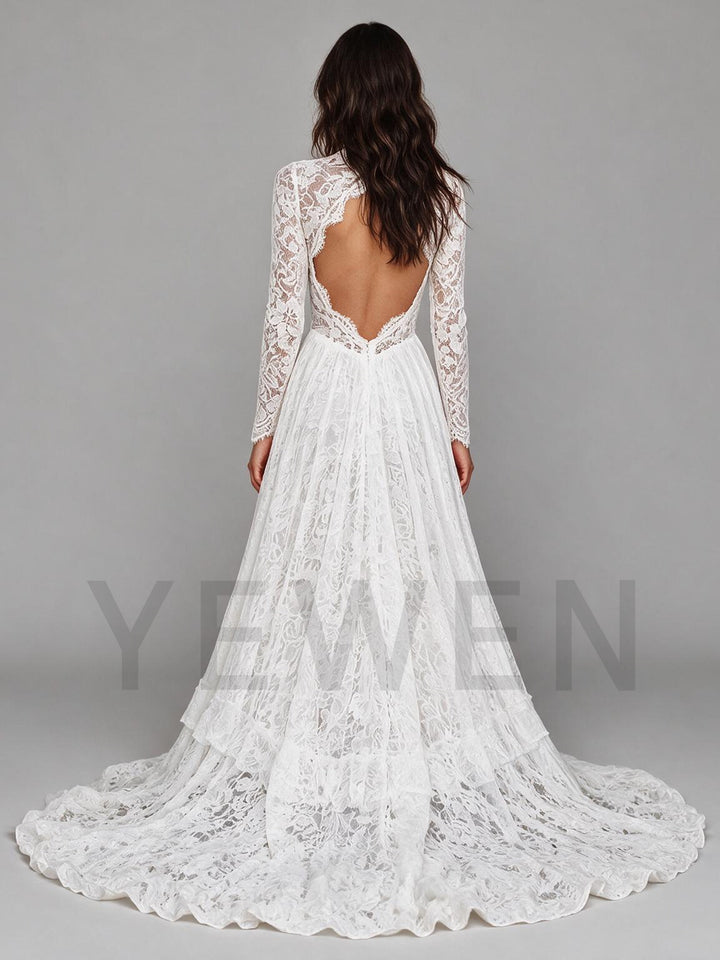 Ivory V-Neck Sheer Long Sleeve Floral Lace Boho Wedding Dress