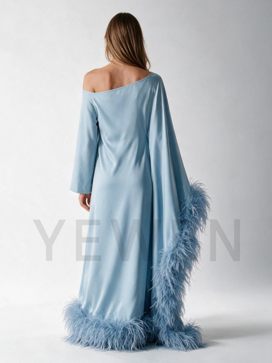 One-Shoulder Ostrich Feather Poncho Drape Satin Evening Gown YW2610066