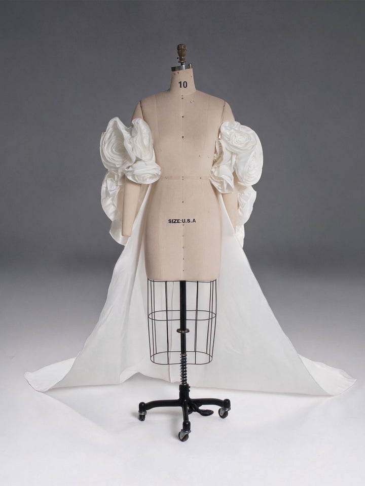 Ivory Satin 3D Rose Off-Shoulder Wedding Cape with Long Train YW260328