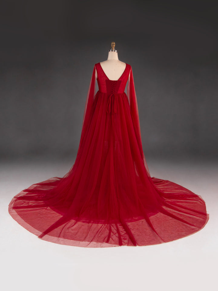 Sheer Tulle Dress Women Robe V Neck Beads Appliques Maternity Dress Shower Gown for Photography