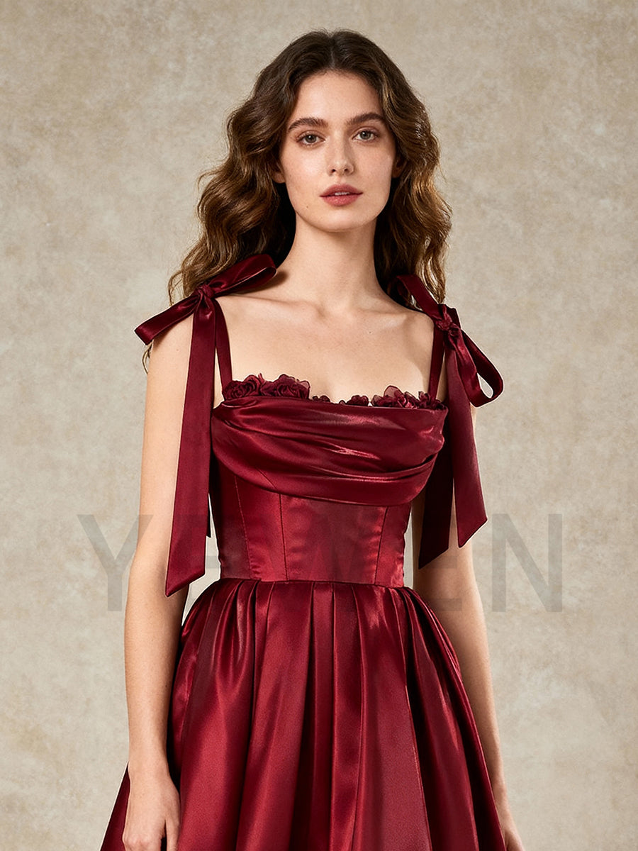 Strapless Burgundy Satin Evening Dress with Bow straps A Line Midi Prom Gown