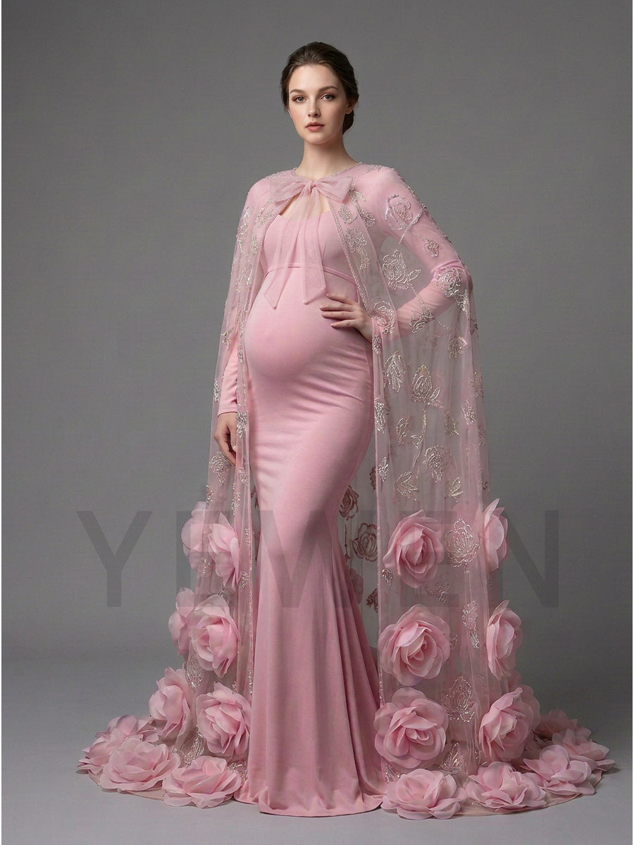 Maternity Gown with Flower Cape Pregnant Gowns Baby Shower Photoshoot Dress YD260726