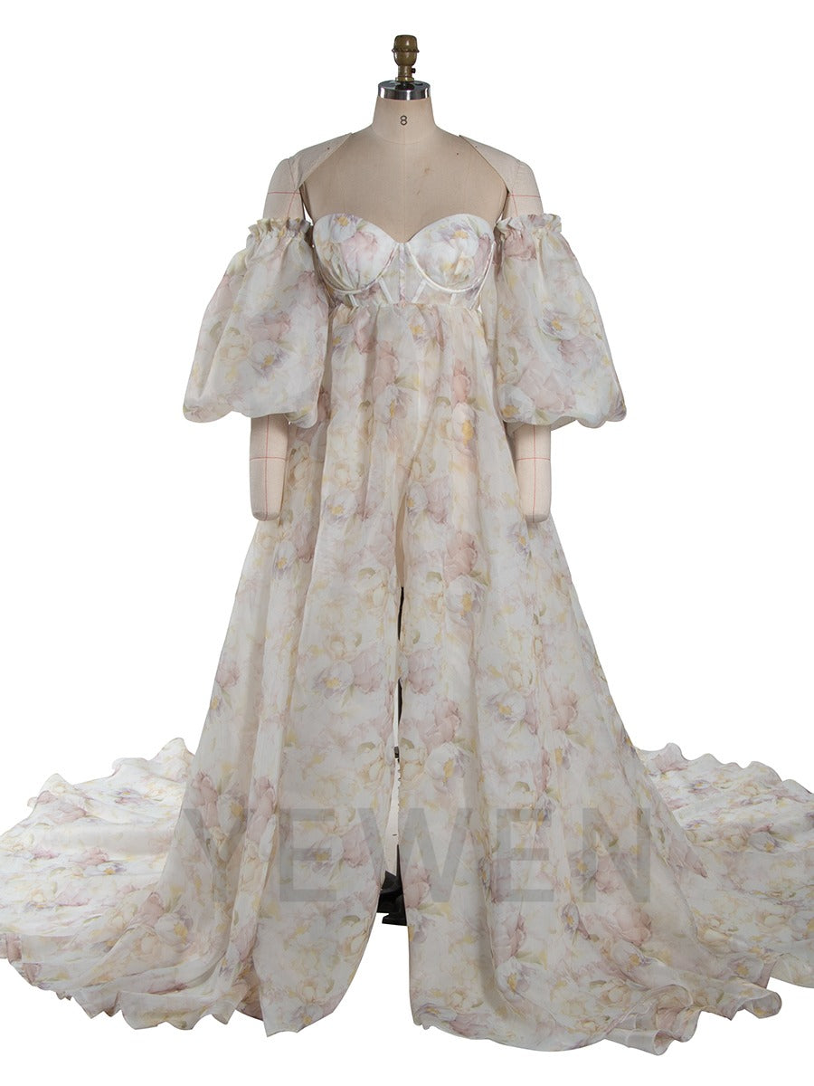 High Waist Printed Floral Organza Dresses for Baby Shower Maternity Gown for Photo Shoot  YW221105-3