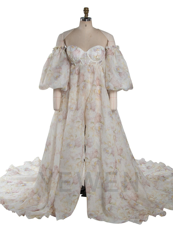 High Waist Printed Floral Organza Dresses for Baby Shower Maternity Gown for Photo Shoot  YW221105-3