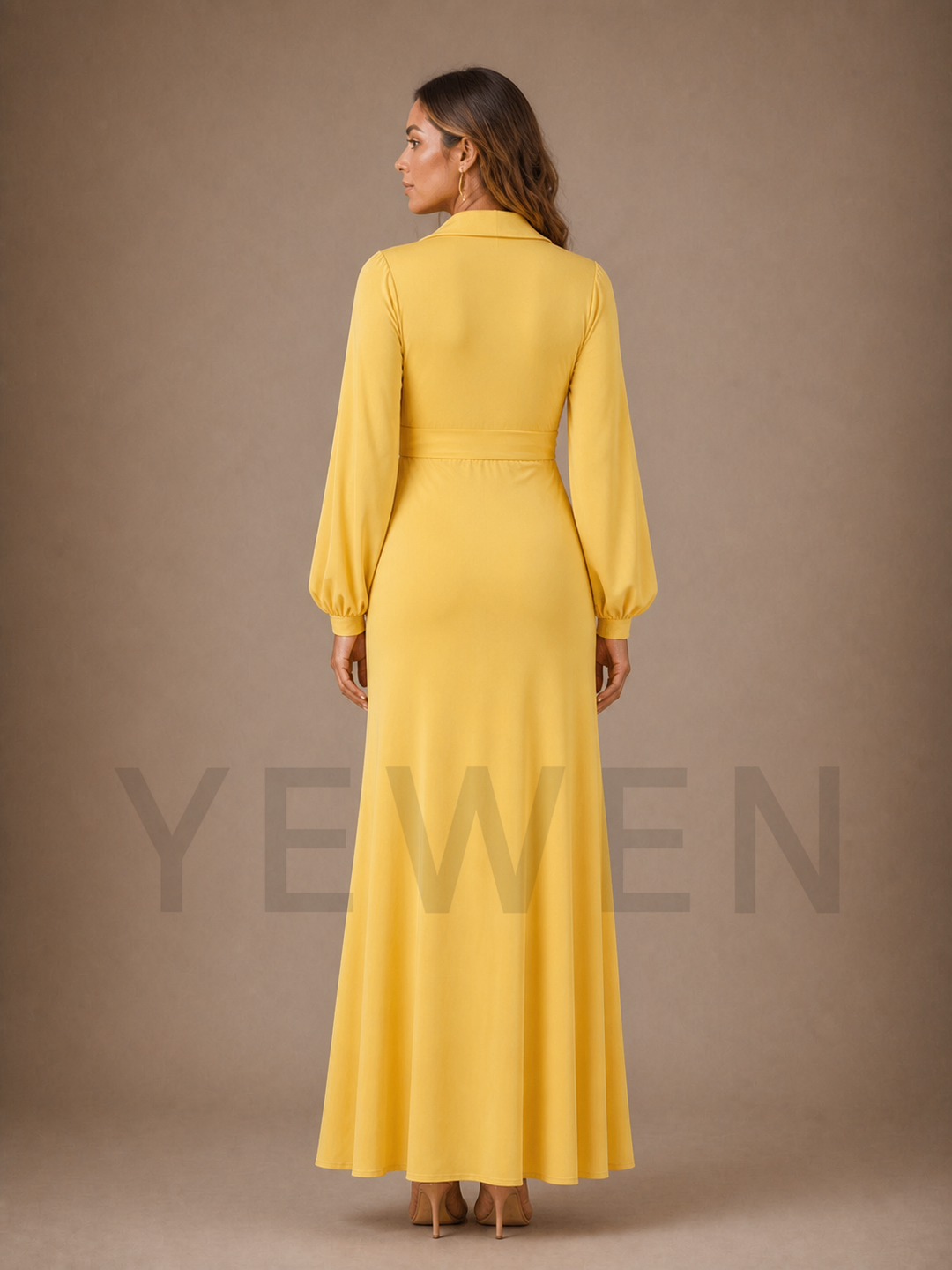 Yellow V-Neck Maternity Baby Shower Dress with Lantern Sleeves ZX017
