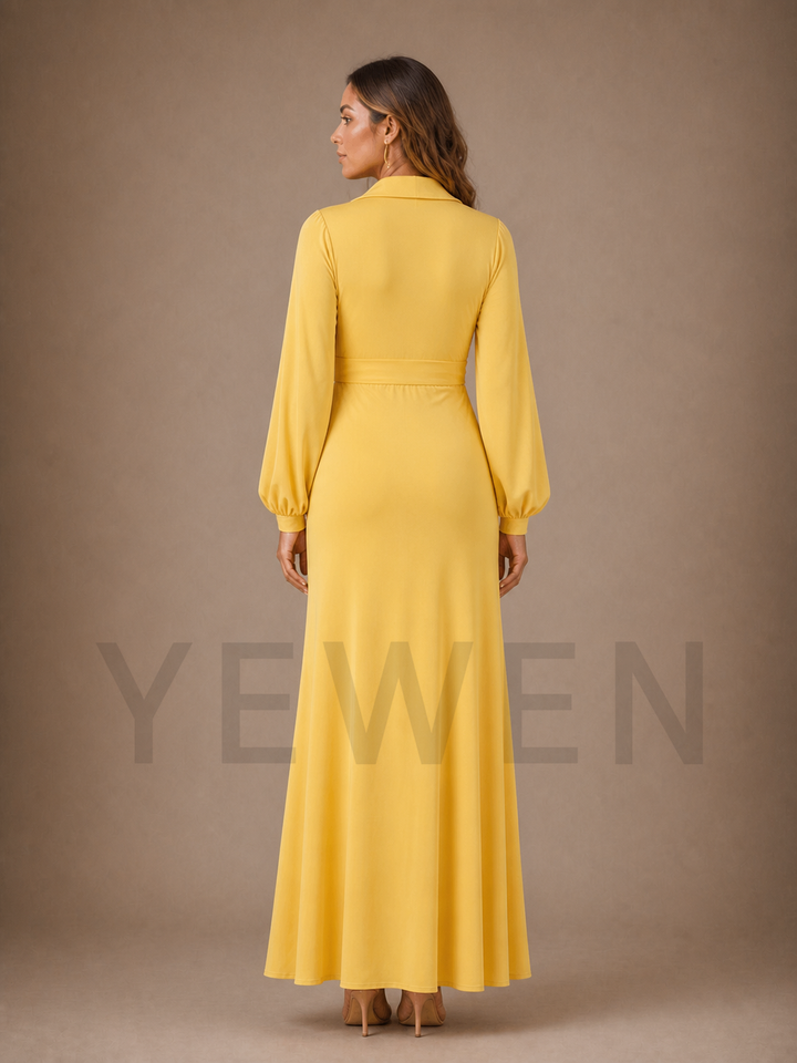 Yellow V-Neck Maternity Baby Shower Dress with Lantern Sleeves ZX017