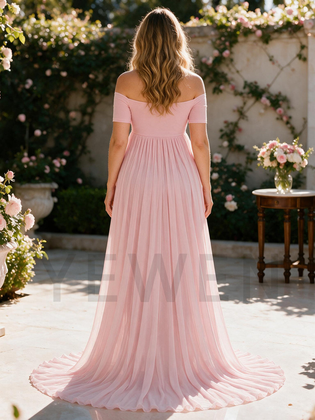 Light Pink Off-The-Shoulder Maternity Dress Baby Shower Photoshoot