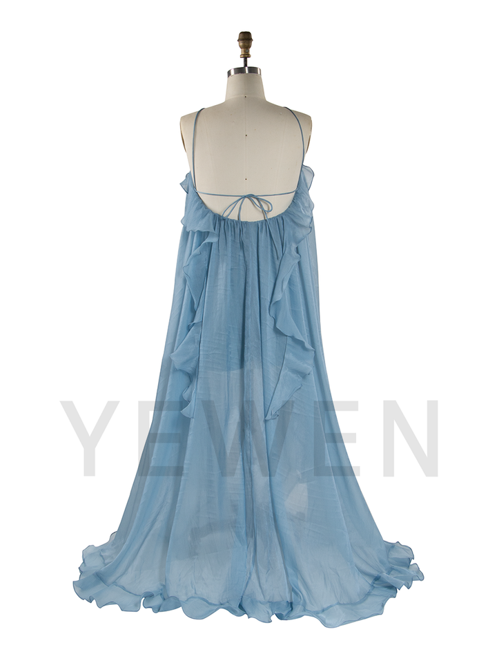 Halter Neck Maxi Dress with Ruffles 3D Flower Chiffon Boho Beach Dress Gathered Dress Honeymoon Maxi Dress YW250094