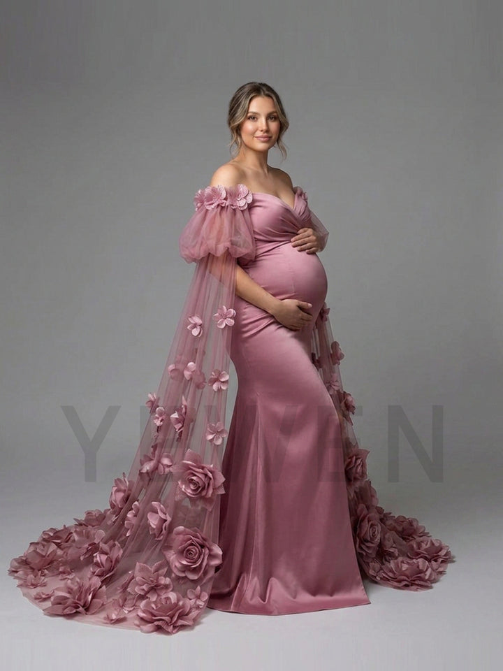 Dusty Puff Sleeve Maternity Photoshoot Dress with 3D Floral Cape