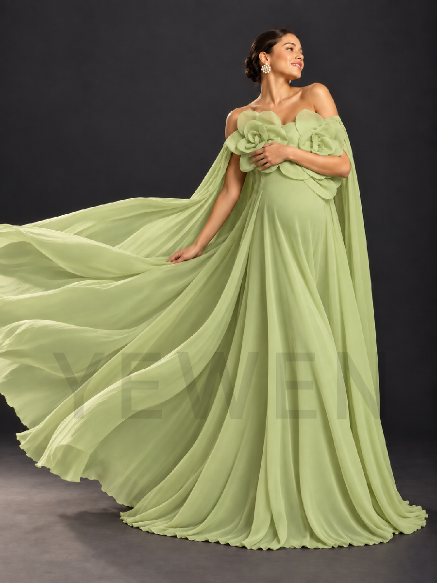 Off-Shoulder 3D Floral Maternity Gown with Long Cape HA260914