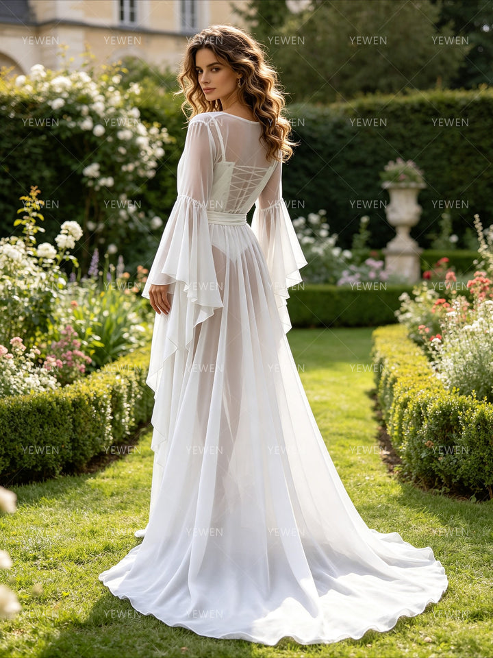 Long White Sheer Bridal Robe with Feather Decoration Chiffon Bridal Getting Ready Robe Wedding Boudoir Gown
