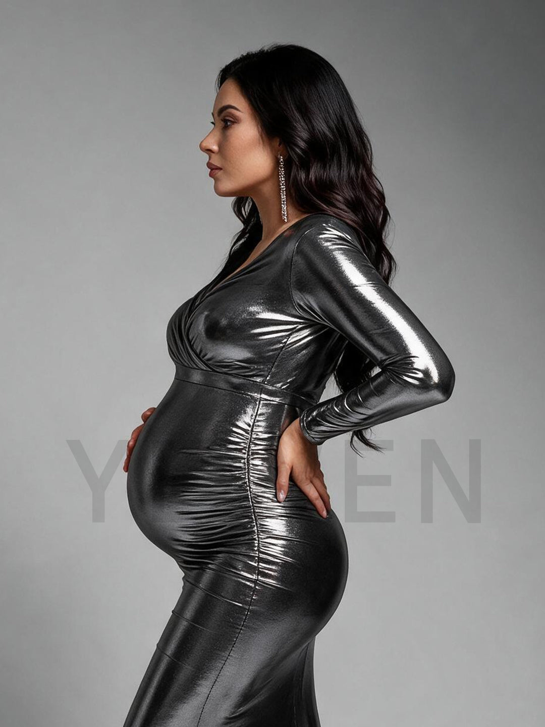 Silver Metallic Long Sleeve Mermaid Maternity Photoshoot Gown YW269304