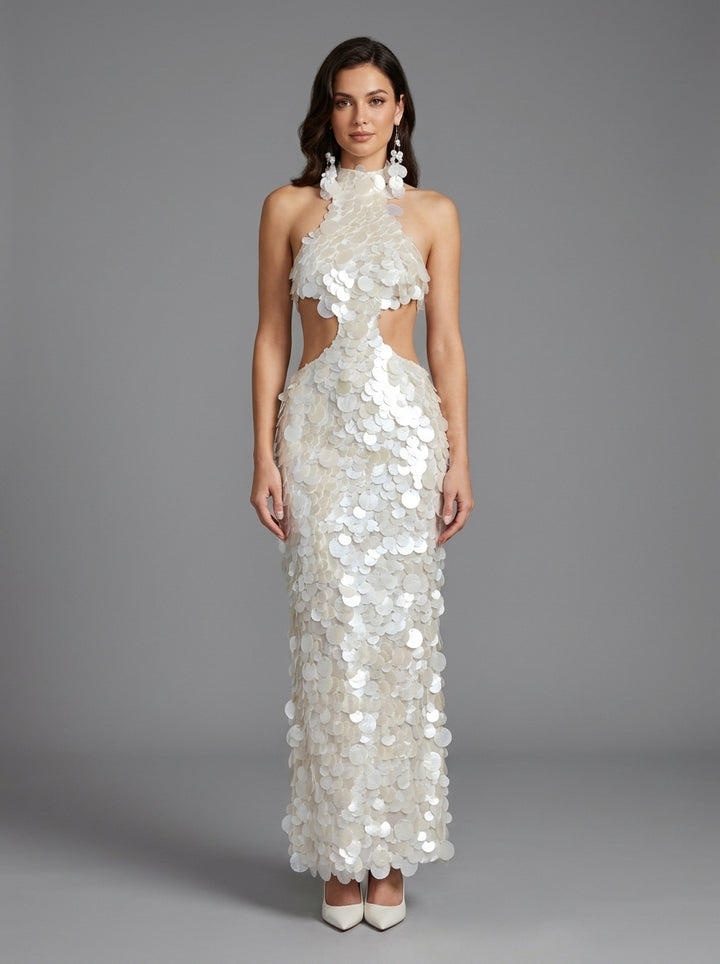 Halter Sequin Evening Dress with Cutout Waist and Long Skirt YD261001