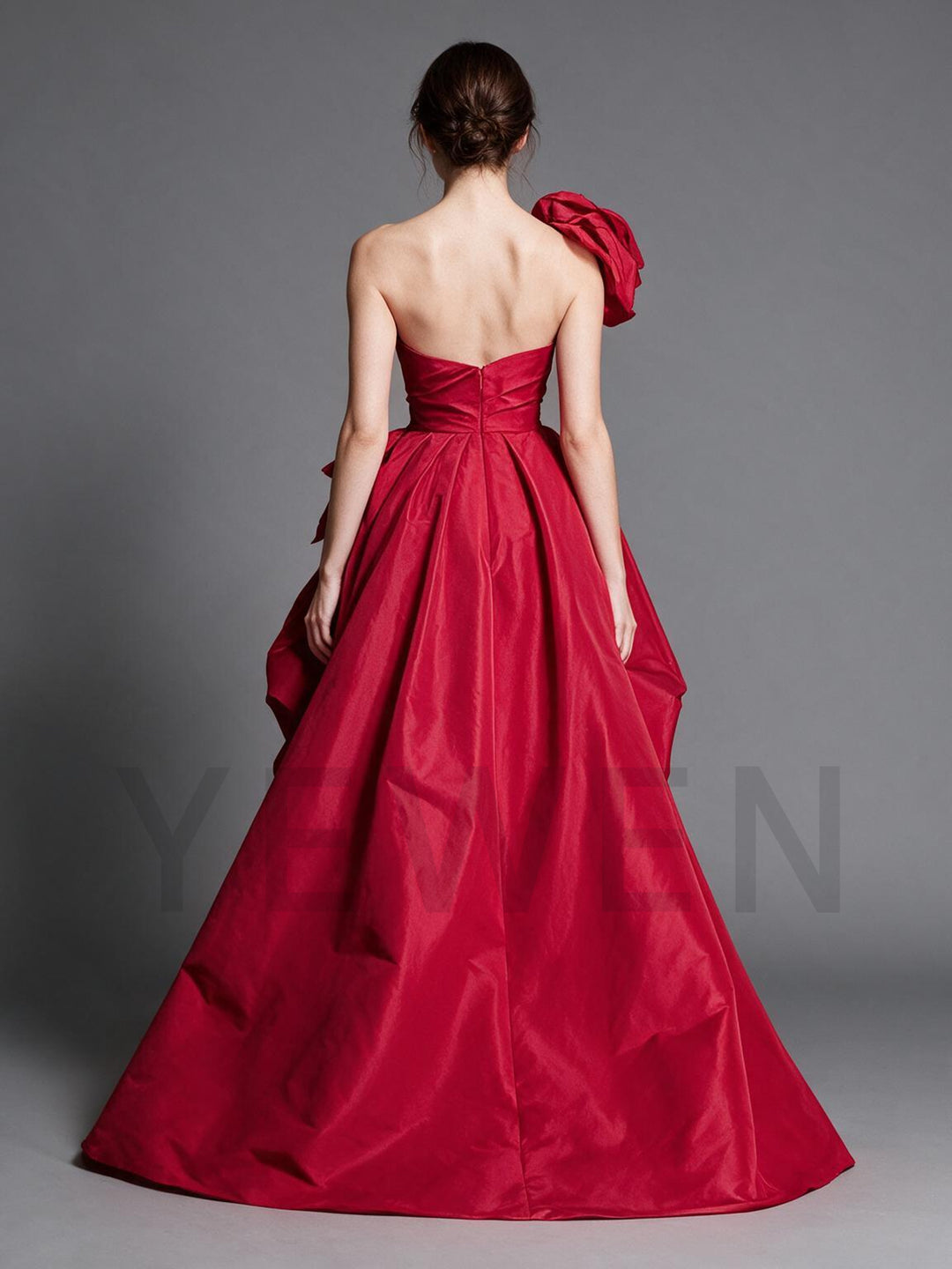 Red One-Shoulder 3D Rose High Slit Ruffle Christmas Dress YW2610092