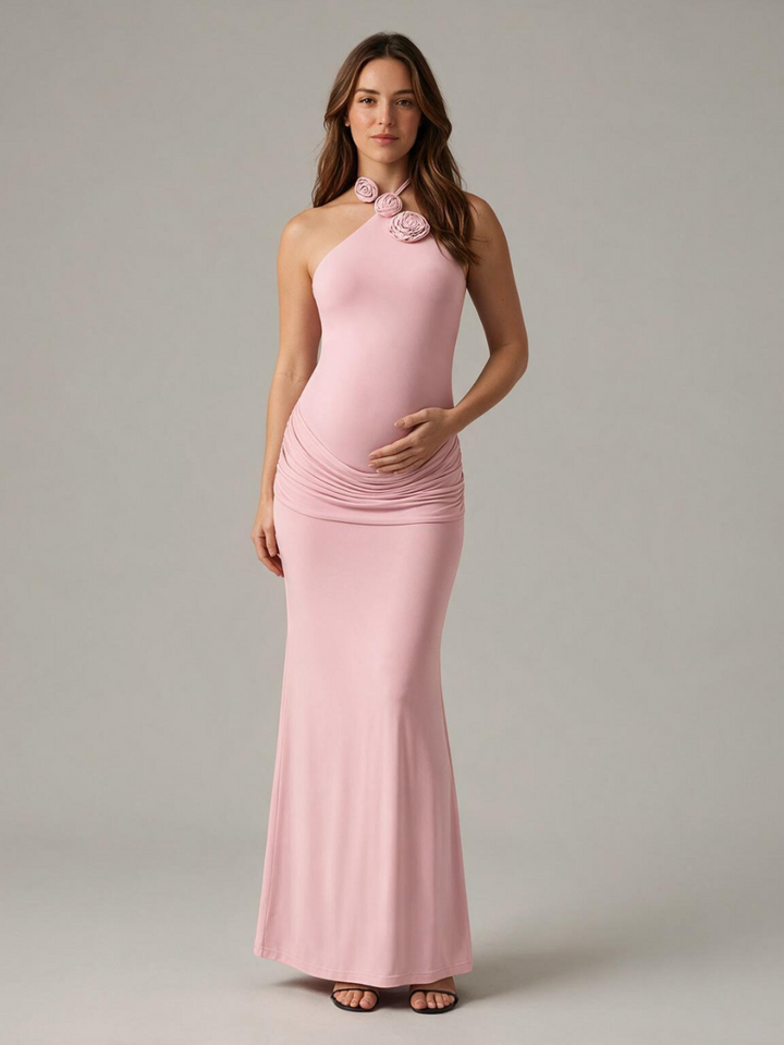 Halter 3D Handmade Rose Maternity Baby Shower Dress