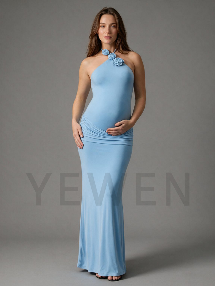 Halter 3D Handmade Rose Maternity Baby Shower Dress