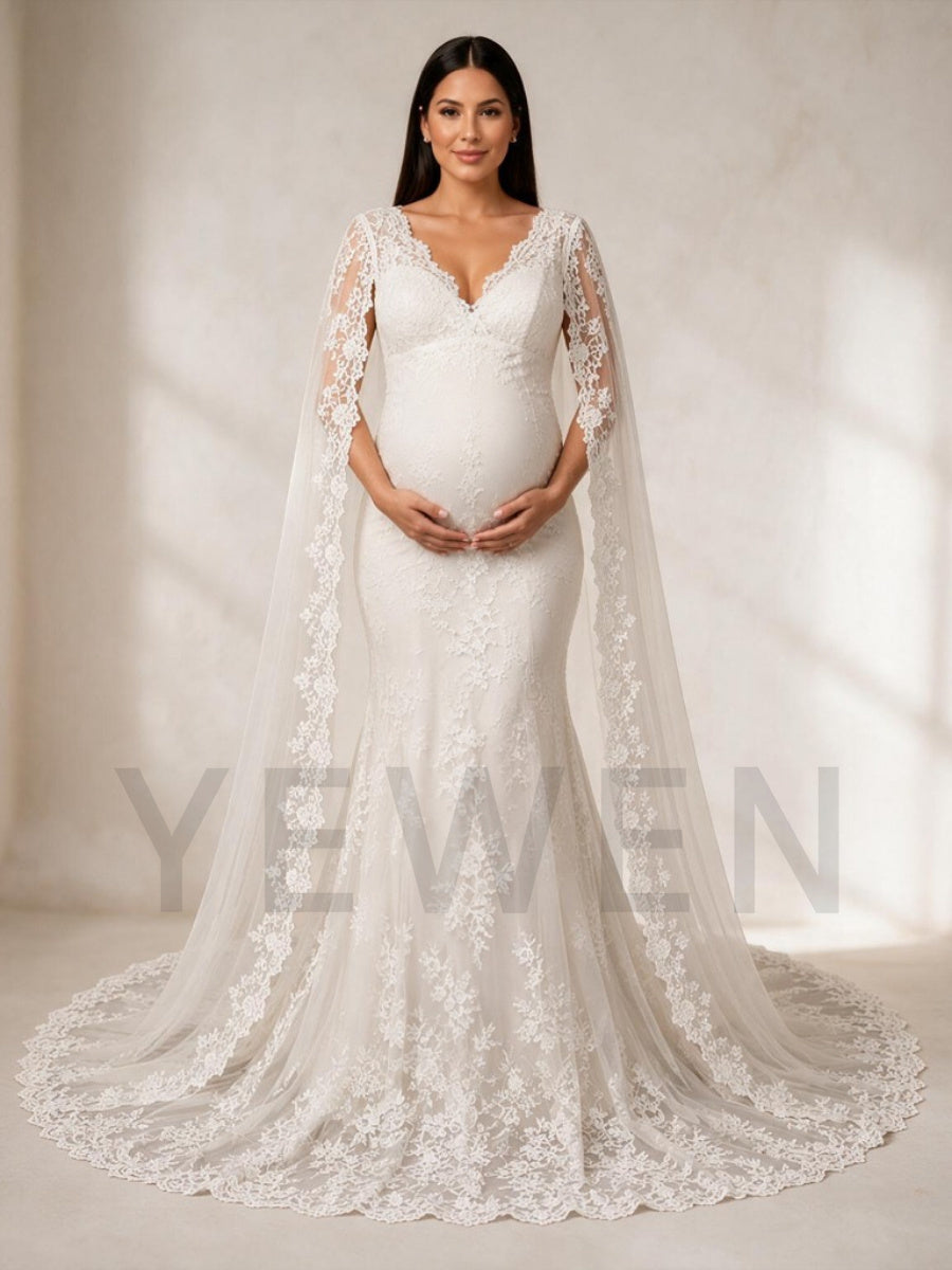 Ivory Lace Mermaid Maternity Wedding Dress with Floor-Length Cape L-26933