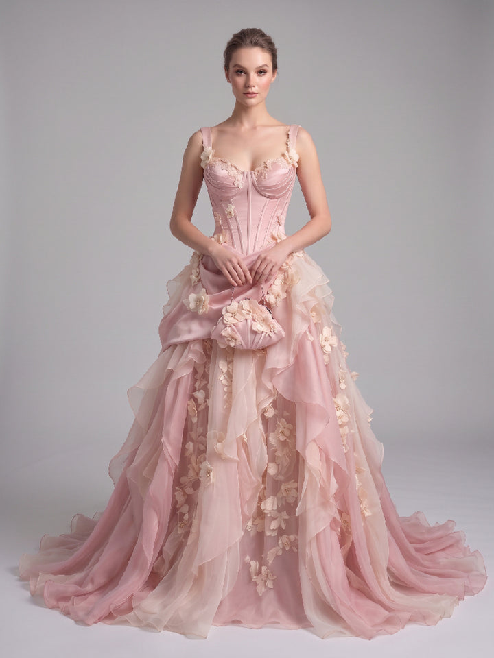 Romantic Pink Sweetheart Boned Corset 3D Floral Evening Gown YD260915