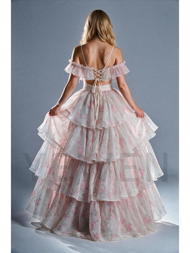 Pink Two-Piece Floral Off-Shoulder Princess Dress with Ruffle Tiered Skirt WT268020