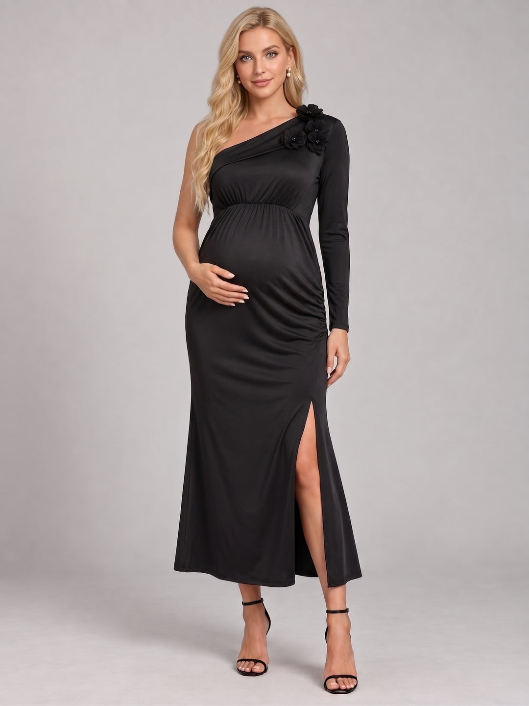 Black One-Shoulder 3D Floral Maternity Baby Shower Dress L-26937