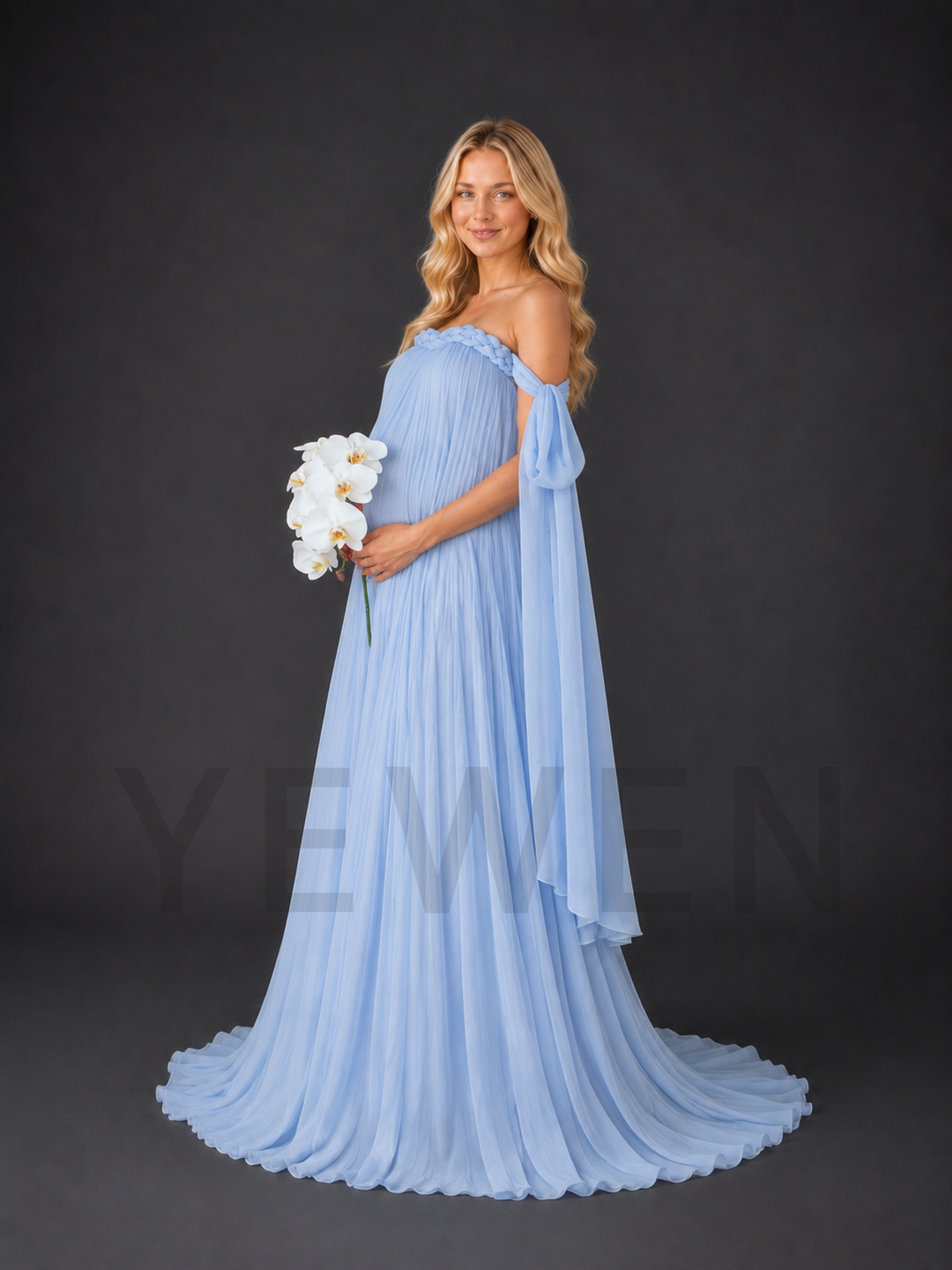 Blue Shoulder Draped Cape Pleated Maternity Photoshoot Gown HY269004