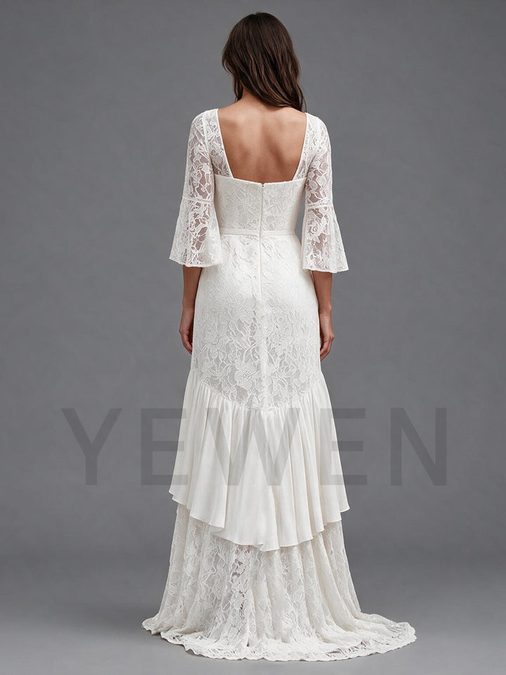 Ivory Square Neck Sheer Bell Sleeve Lace Boho Wedding Dress