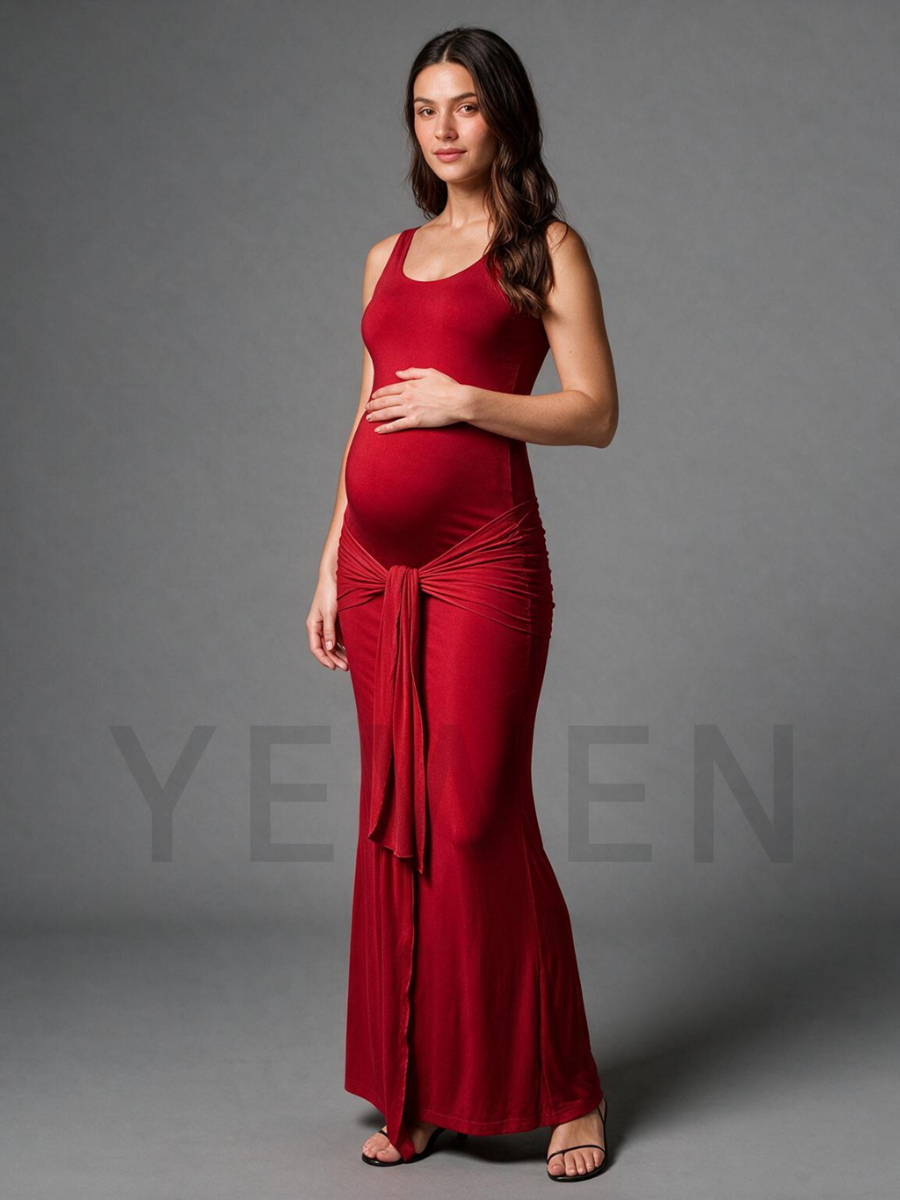 Scoop Neck Maternity Baby Shower Dress with Knotted Front and Draped Sashes