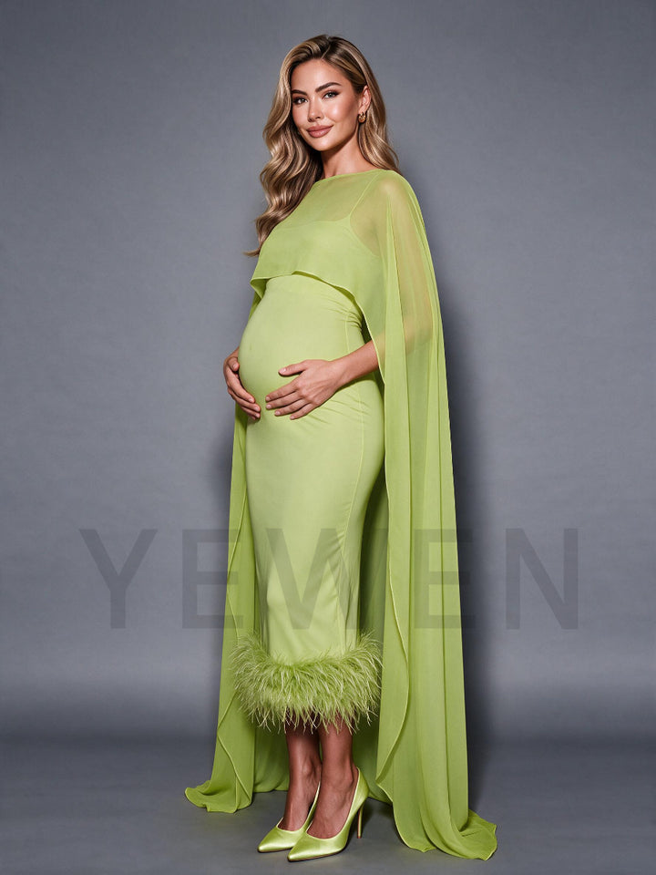 Green Ostrich Feather Hem Maternity Baby Shower Dress With Flowing Cape YD260835